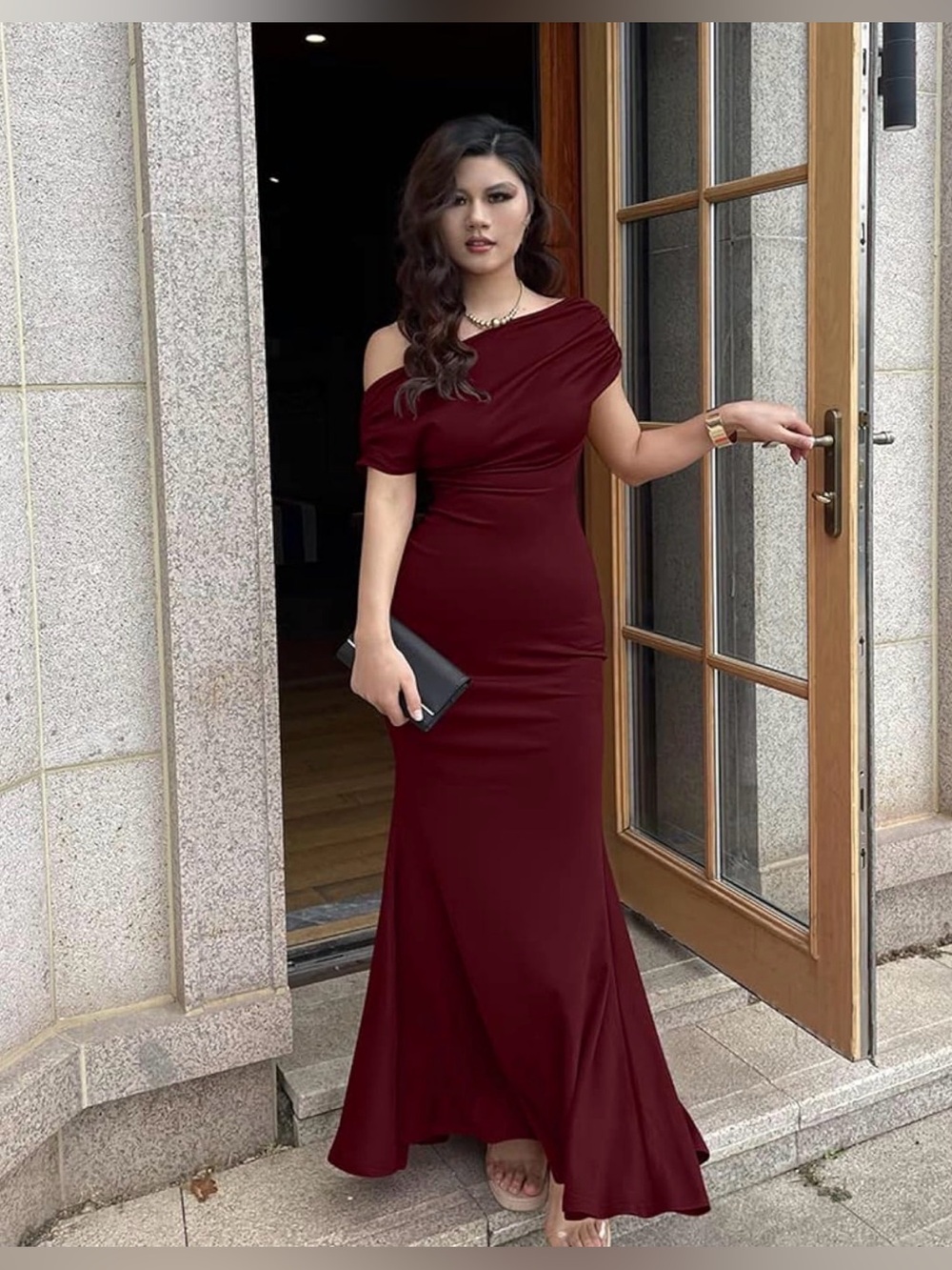 Elegant Off-Shoulder Burgundy Evening Gown